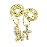 Cross and Praying Hands Pendants Set 24 And 30 Inch Lengths Gold Color Box Link Necklaces