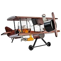 Whiskey & Wine Decanter Airplane Set and Glasses Antique Wood Airplane - The Wine Savant Whiskey Gift Set and 2 Airplane Glasses, Pilot Gift Moving Parts- Alcohol Related Gift, BAR DECOR Large 21