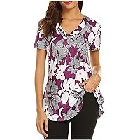 Womens Plus Size Shirts V Neck Casual Tunic Tops 2024 Summer Fashion Short Sleeve Floral Print Loose Fit Blouse for Leggings