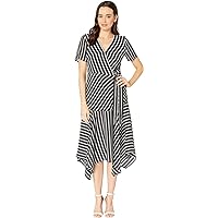 Vince Camuto Women's Short Sleeve Playful Stripe Asymmetrical Hem Wrap Dress