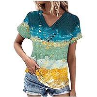 Deal of The Day 2024 Summer Tops for Women Trendy Vintage Floral Print Buttons Short Sleeve V Neck Blouse Tees Spring Dressy Casual Tunic Shirts Lightweight Holiday Workout Comfy T Shirt