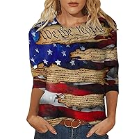 American Flag Shirt 3/4 Sleeve Tops Womens 4th of July T-Shirts Crewneck Patriotic Tees Vintage Tunic Blouses