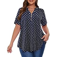 MONNURO Womens Plus Size Tops Short Sleeve Henley Button Down T Shirts Blouses（Black Polka Dot,5X）
