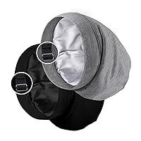 Satin Lined Sleep Cap Bonnet for Curly Hair and Braids, Stay On All Night Hair Wrap with Adjustable Strap for Women and Men, Black and Grey, Pack of 2