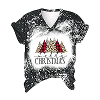 Christmas Bleached T Shirt Women Leopard Plaid Christmas Tree Tee Tops Letter Print V Neck Short Sleeve Holiday Shirts
