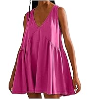 Mini Dresses for Women, 2024 Spring Summer Trendy Casual Sleeveless Dress, Elegant Loose V Neck Sundress with Pockets