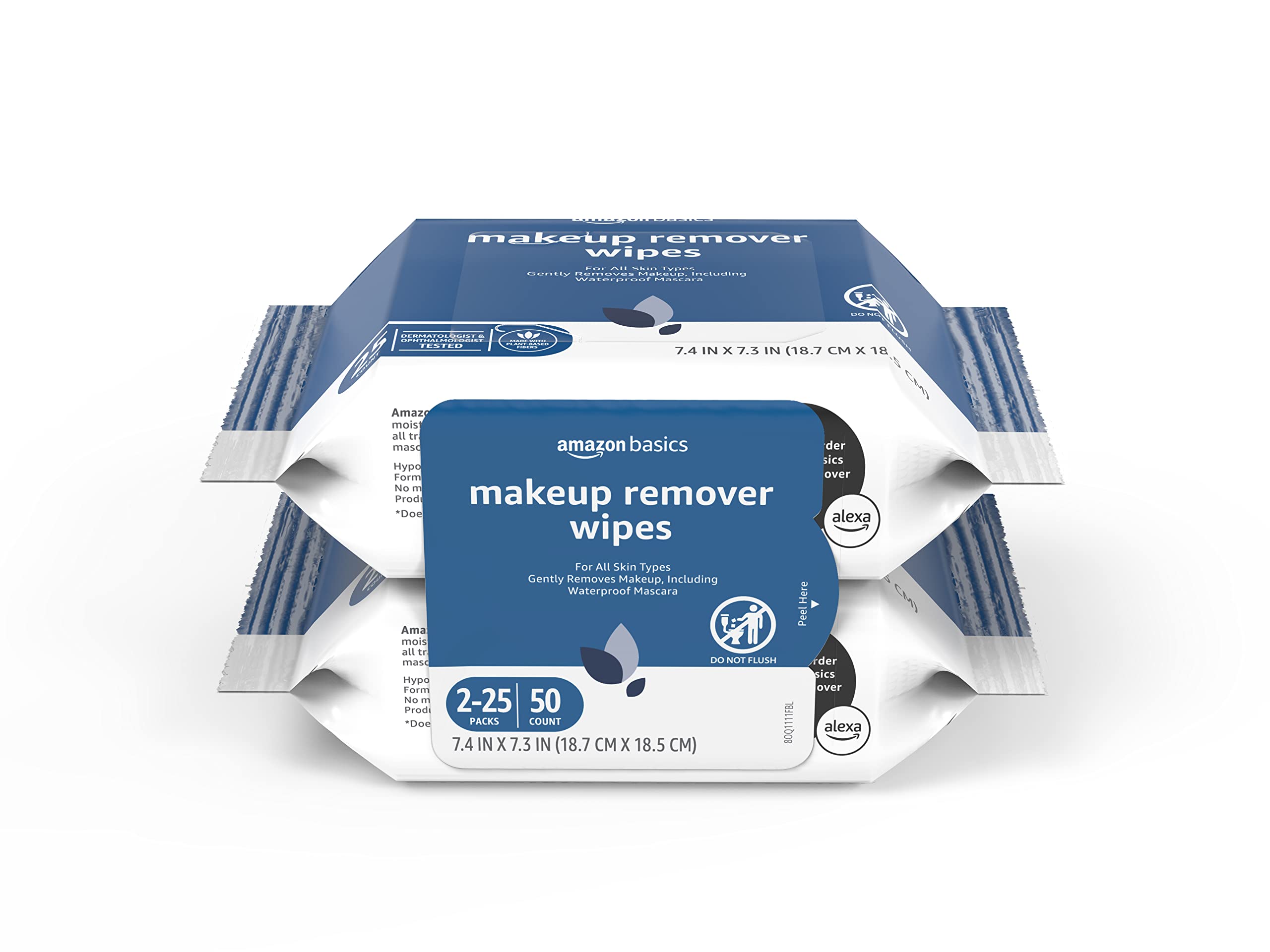 Amazon Basics Make Up Remover Wipes, Original, 50 Count (2 Packs of 25) (Previously Solimo)