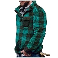 Men's Fuzzy Sherpa Sweatshirt Fashion Pullover Fleece Sweatshirt Quarter Zip Plaid Henley Shirt Warm Winter Coat