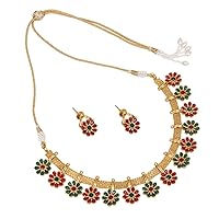 Indian Ratna Creation Gold Pearl Drop Choker Necklace Set Crystal Stones For Women and Girls Jewelry (Red-Green)