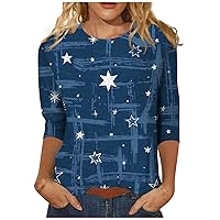 Womens Tops Summer Casual 3/4 Length Sleeve Loose Shirts 4Th of July Flag Tshirt Crewneck Blouse Graphic Tee Tunics