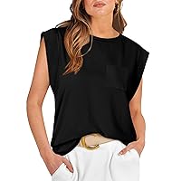 WIHOLL Womens Cap Sleeve Summer Tops Basic Tee Shirts with Front Pocket Casual Loose Fit 2024 Trendy