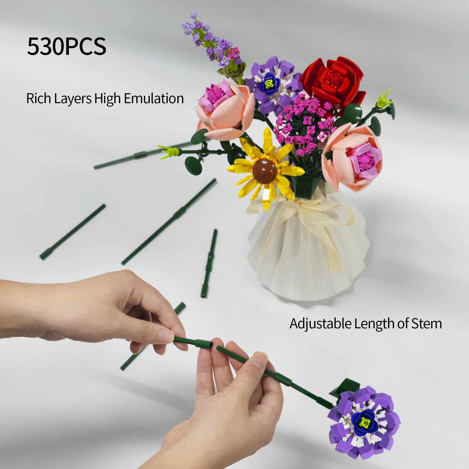 UJYY 2023 Flower Bouquet Building Kit, 11 Artificial Flowers Building Toys, 530 PCS Flower Building Blocks with Vase, Botanical Collection for Home Decoration, Gifts for Women Mother Kids 6+Ages