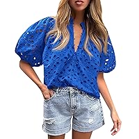 Eyelet Tops for Women, Women's 2024 Casual Puffed Sleeve V-Neck Button Hollow Lace Undershirts Puff, S XL