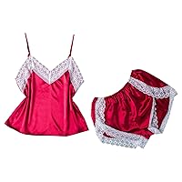 Sexy Pajamas Set for Women, Lace Trim Lingerie Pjs Strappy Cami Tops and Shorts Set Silk Satin Nighty Sleepwear