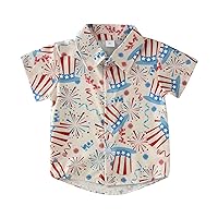 Little Boy American Flag Shirt Irregular Hem Button Up Shirts Short Sleeve Lined Printed Tops 4th of July