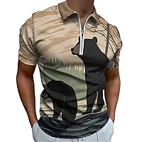 Funny Bear Deer Forests Mountain Men's Zippered Polo Shirts Short Sleeve Golf T-Shirt Regular Fit Casual Tees