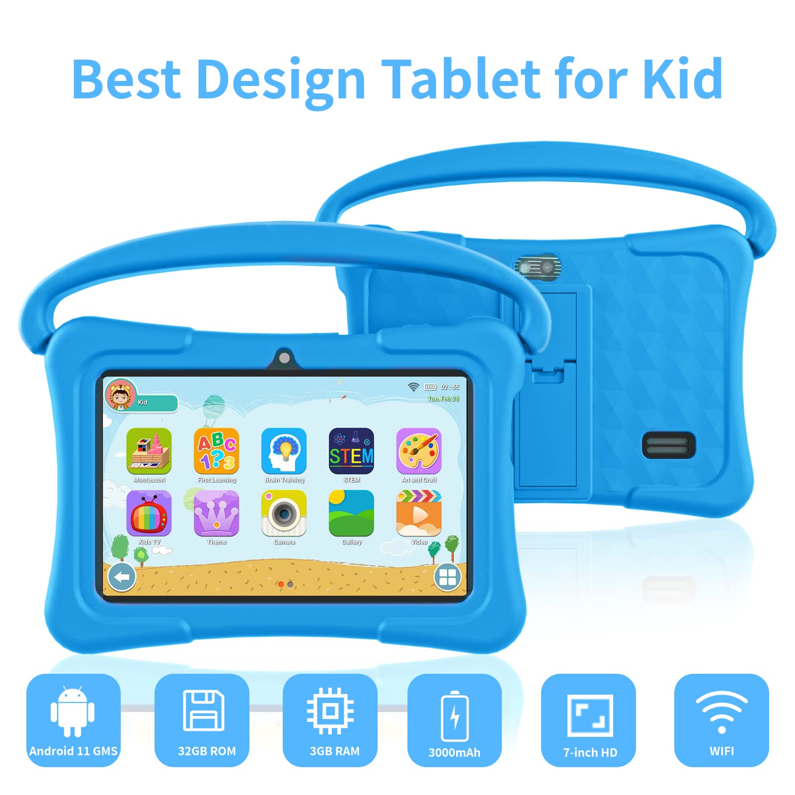 WXUNJA Kids Tablet, 7 inch Android Tablet for Kids, 3GB 32GB Toddler Tablet with Bluetooth, GMS, WiFi, Parental Control, Dual Camera, Shockproof Case, Educational, Games (Blue)