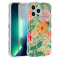 Compatible iPhone 13 Pro Max 6.7'' Retro Oil Painting Flower Pattern Phone case,【HD Tempered Film X 1】 Cute Curly Wave Frame Shape,Durable Soft TPU Shockproof Case for Girls Women-Green