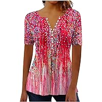 Women Summer Tops Short Sleeve Button V Neck Henley T Shirts 2024 Dressy Blouse Casual Beach Outfits Loose Cute Tunic