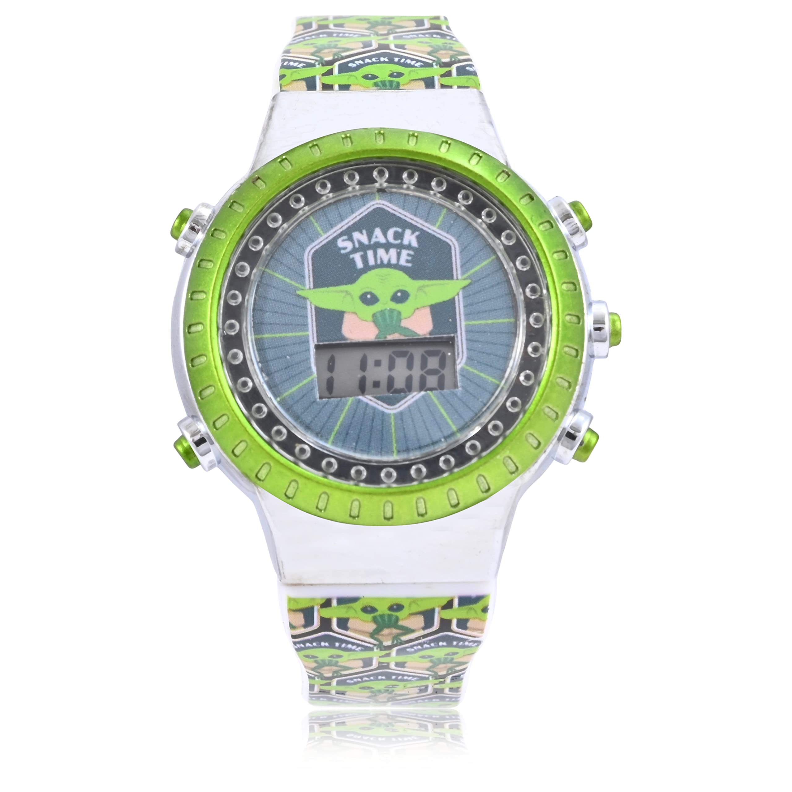 Accutime Lucasfilm Star Wars Mandalorian Digital Kids Watch - LED Flaching Lights, LCD Display, Toddlers, Girls Or Boys, Silicone Strap in Green (Model: MNL4013AZ)