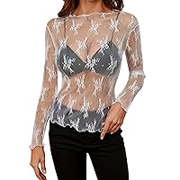 Women's Long Sleeve Mesh Tops See Through Sheer Tee Shirts Mock Neck Floral Embroidery Tops for Layering