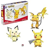 ​MEGA Pokémon Action Figures Toy Building Set, 4 Inch Pikachu, Raichu and Pichu Build n Show Pikachu Evolution Trio with Poke Ball Pin