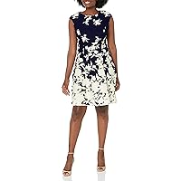 London Times Women's Perfect Versatile Scuba Crepe Fit & Flare Dress Event Guest of Occasion Office Career, Navy/Cream, 10