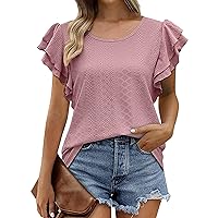 Summer Tops for Women 2024 Eyelet Tops Flutter Sleeve Hollow Ruffle Sleeves Sexy Casual Flowy Top