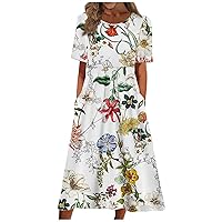 Cotton Dress, Casual Dresses for Women 2024 Embroidered Dress for Women Round Neck Dress Ladies Trendy Short-Sleeve Fashion with Pocket Beach Summer Women's Swing Floral Print