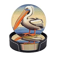 6pcs Drink Coasters with Holder, Leather Coasters for Drinks, Pelican Birds Cup Coasters for Coffee Table Decor, Non-Slip Drinking Cup Mat for Hot Or Cold Drink 4