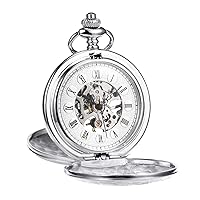 Antique Mens Pocket Watch Skeleton Mechanical Silver Double Case Roman Numerals Gift for Man