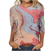 Women's Marble Graphic Casual Tops Summer 3/4 Sleeve Crew Neck Tunic Tees Fashion Classic Athletic Loose Blouses