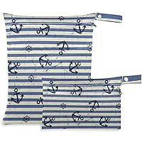 visesunny Vintage Black Anchor Blue White Stripe 2Pcs Wet Bag with Zippered Pockets Washable Reusable Roomy for Travel,Beach,Pool,Daycare,Stroller,Diapers,Dirty Gym Clothes, Wet Swimsuits, Toiletries