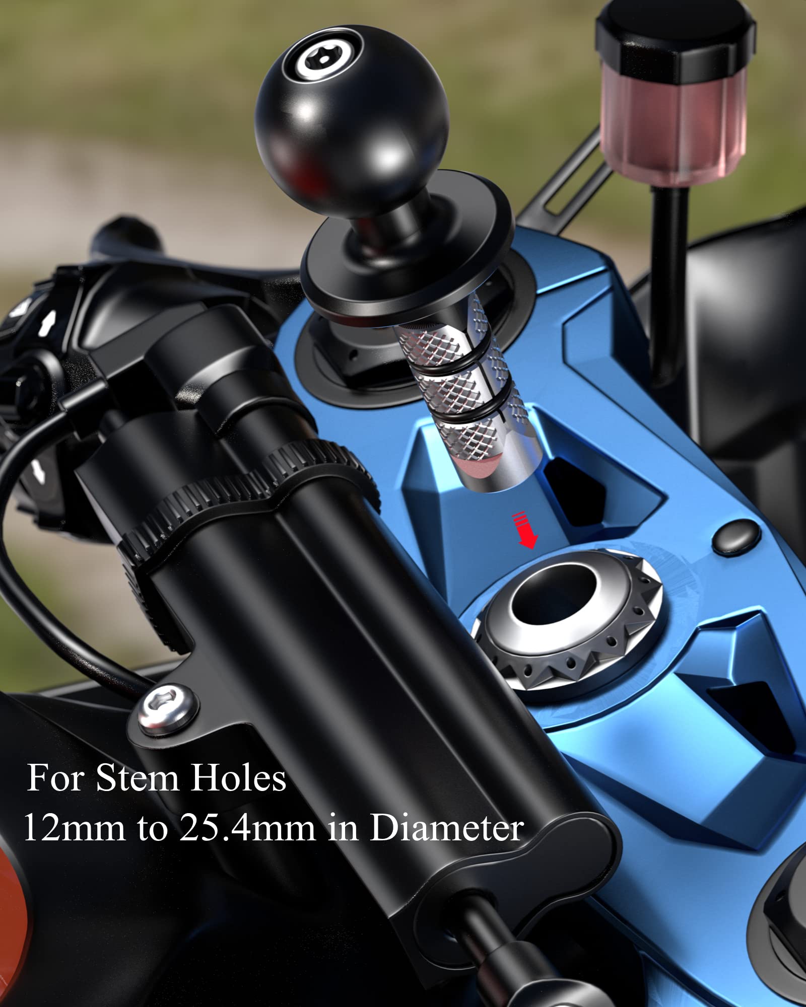 BRCOVAN Metal Motorcycle Fork Stem Mount Base with 1'' TPU Ball for Stem Holes 12mm to 25.4mm in Diameter, Compatible with RAM Mounts B Size 1 Inch Ball Double Socket Arm