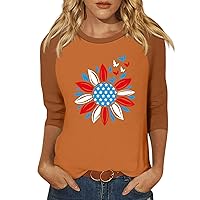 3/4 Sleeve Tops for Women Sunflower Print Crew Neck Loose Shirts Summer Trendy Comfy Vacation Blouse
