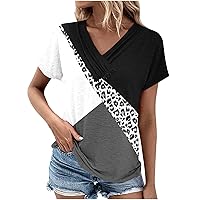 V Neck Tshirt for Women Fashion Casual Summer Tops Cozy Loose Fitted Short Sleeve Tee Comfy Colorblock Blouses