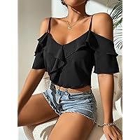 Womens Summer Tops Solid Cold Shoulder Ruffle Detail Blouse (Color : Black, Size : XX-Small)
