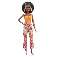 Barbie Fashionistas Doll with Petite Frame, Curly Black Hair, Retro Floral Outfit, Platform Sandals, Gold Earrings