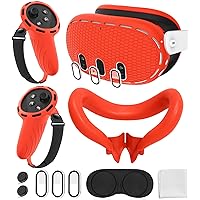 Silicone Cover Set Compatible with Oculus/Meta Quest 3, Touch Controller Grips Cover, VR Shell Cover, Facial Interface Cover, Protective Lens Cover, Tempered Glass Lens Caps (Bright Red)