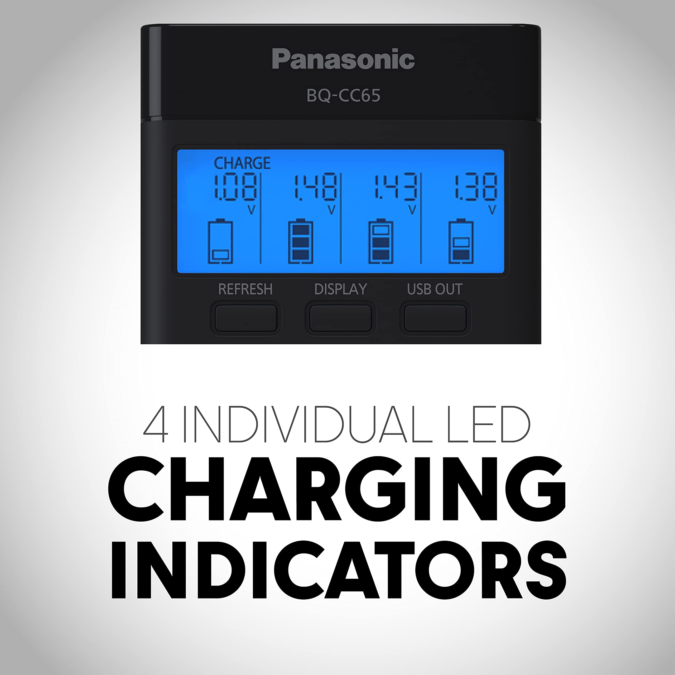 Panasonic BQ-CC65AKBBA Super Advanced eneloop pro and eneloop 4-Position Quick Charger with LCD Indicator Panel and USB Charging Port, Black