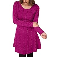 EFOFEI Womens Solid Color Cable Knitted Sweater Dress Crew Neck Long Sleeve Pullover Tops