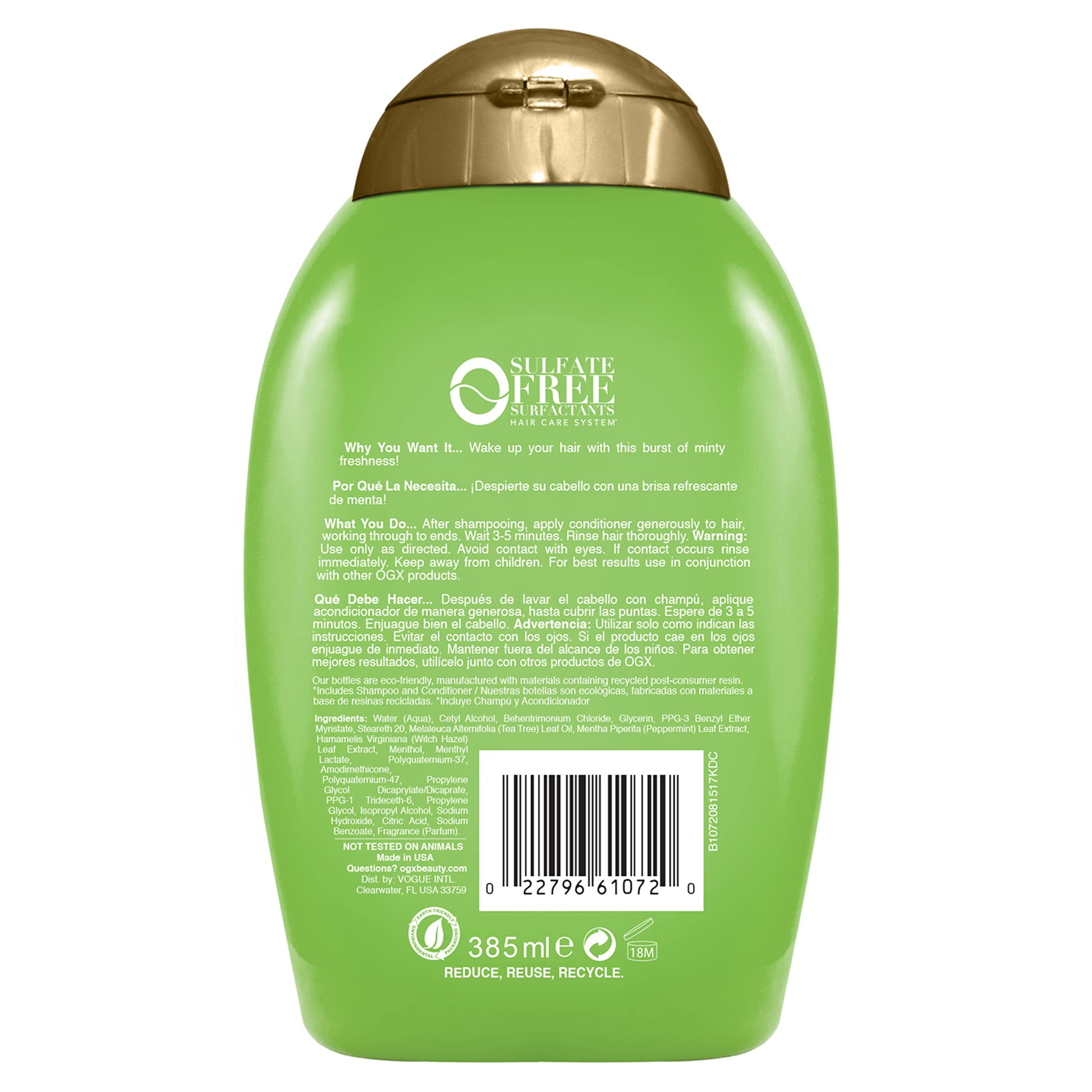 OGX Extra Strength Refreshing Scalp + Teatree Mint Conditioner, Invigorating Conditioner with Tea Tree & Peppermint Oil & Witch Hazel, Paraben-Free, Sulfate-Free Surfactants, 13 fl oz
