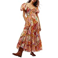 Women's Boho Long Beach Dress Short Sleeve Deep V Neck Floral Party Dress Drawstring Tie Summer Dress