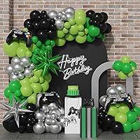 144Pcs Video Game Balloon Arch Garland Kit Green Black Silver Explosion Star Game Controller Mylar Balloons for Boys Kids Game On Level Favor Theme Birthday Party Decorations