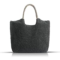 Hand-woven Soft Large Straw Shoulder Bag, Beach Tote Black Boho Straw Handle Tote Retro Summer Beach Bag Rattan Handbag