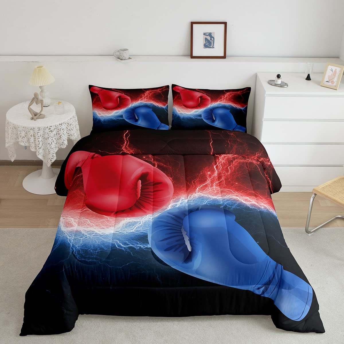Erosebridal Boxing Comforter Set Queen Size for Adult Teens Boys Competitive Game Boxing Pattern Quilted Duvet Red and Blue Cool Lightning Pattern ...