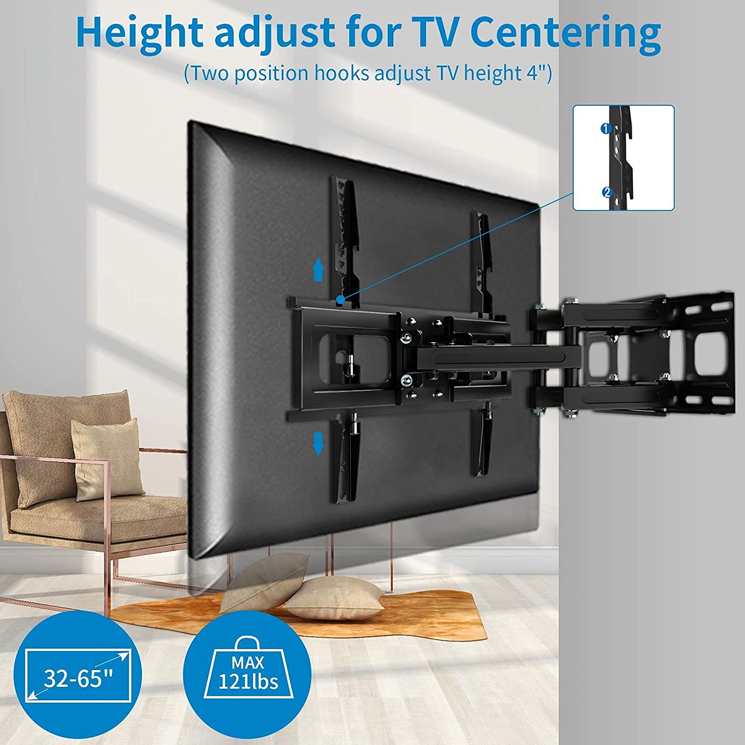 Everstone Full Motion TV Wall Mount with Height Adjustment for Most 28-70 inch LED, LCD, OLED Flat&Curved TVs, up to 121lbs, Max VESA 400x400mm, 16