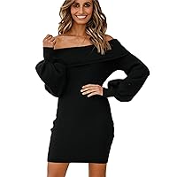Womens Off Shoulder Bodycon Mini Knit Dress Sexy Long Sleeve Pullover Dress Solid Color Balloon Sleeve short skirt