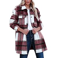 Womens Autumn Long Sleeve Lapel Plaid Shacket Jacket Casual Button Down Shirt Cardiga Outwear Blouse Tops (Color : Burgundy, Size : Medium)