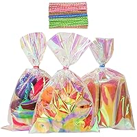 120pcs Iridescent Cellophane Bags, 6x9 inch Holographic Plastic Treat Goodie Bags with Twist Ties, Cello Gift Bags for Candy Party Favors Small Gifts